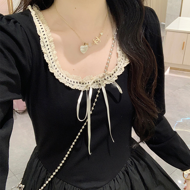 French Style Long Sleeve A-Line Dress Black Slimming Vintage Bubble Skirt