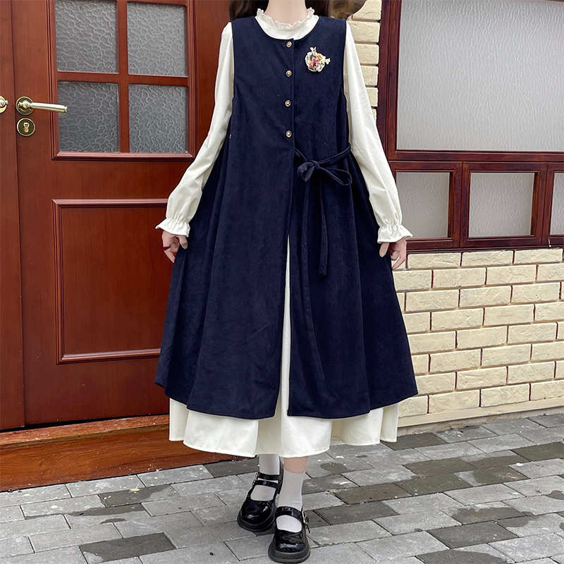 Women's Sweet Layered Two-Piece Dress Set Forest Style Vest Dress and Shirt Dress Long Sleeve Fall Outfit