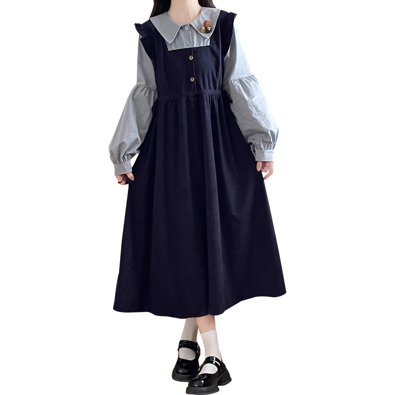 Academy Style Vintage Sweet Loose Faux Two Piece Long Sleeve Dress - Image 5