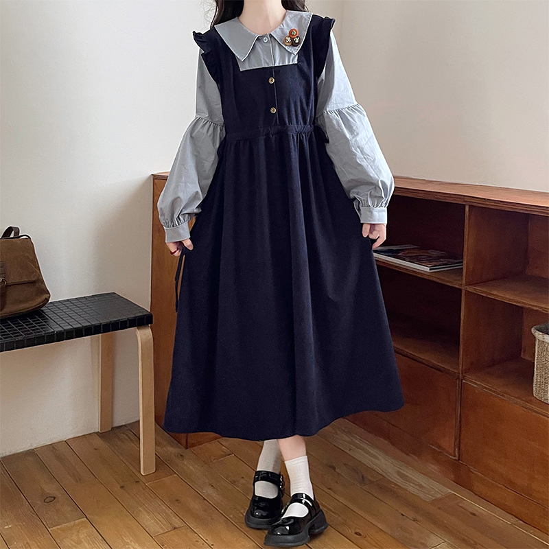 Academy Style Vintage Sweet Loose Faux Two Piece Long Sleeve Dress - Image 3