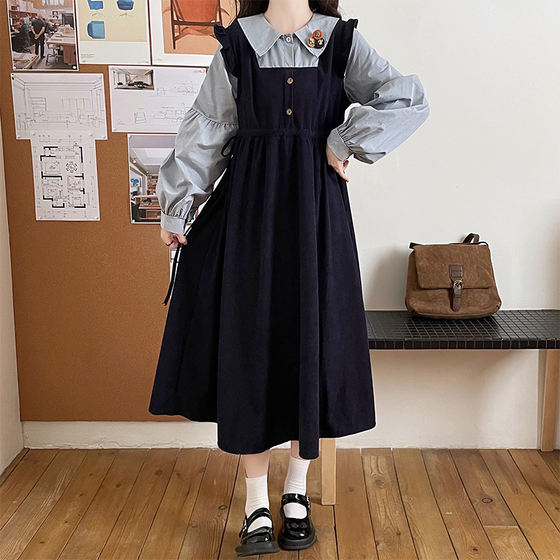 Academy Style Vintage Sweet Loose Faux Two Piece Long Sleeve Dress - Image 4