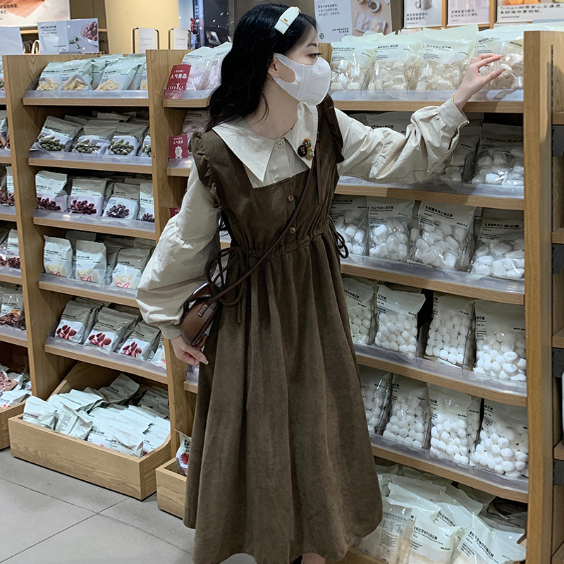Academy Style Vintage Sweet Loose Faux Two Piece Long Sleeve Dress - Image 2