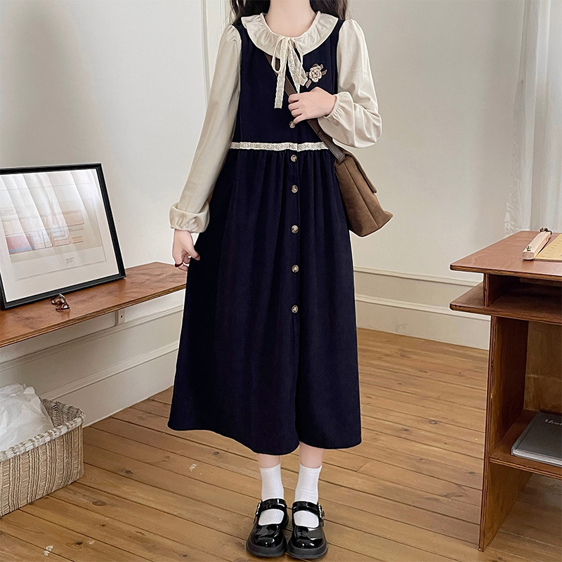 Sweet Doll Collar Ruffle Single-Breasted Shirt Outer Layer Vest Dress Loose Flared Skirt Set