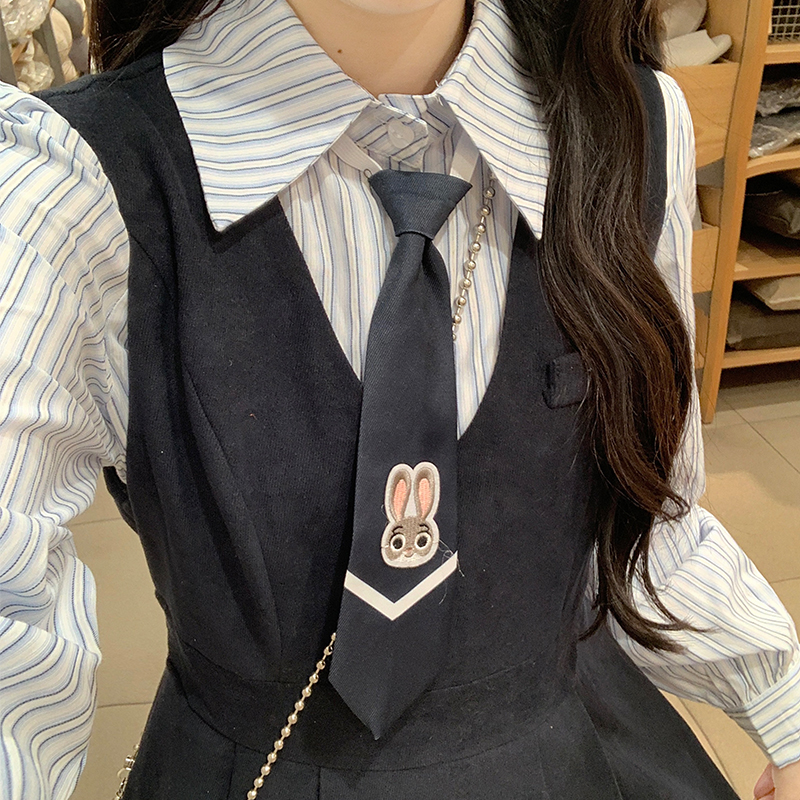 Preppy Rabbit Officer Tie Striped Shirt and Suspender Dress Two-Piece Set