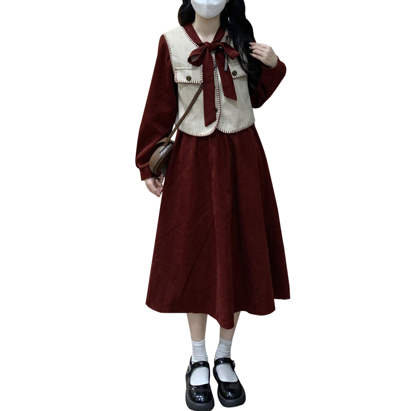 Red Dress and Vest Set with Doll Collar and Bow - Image 5