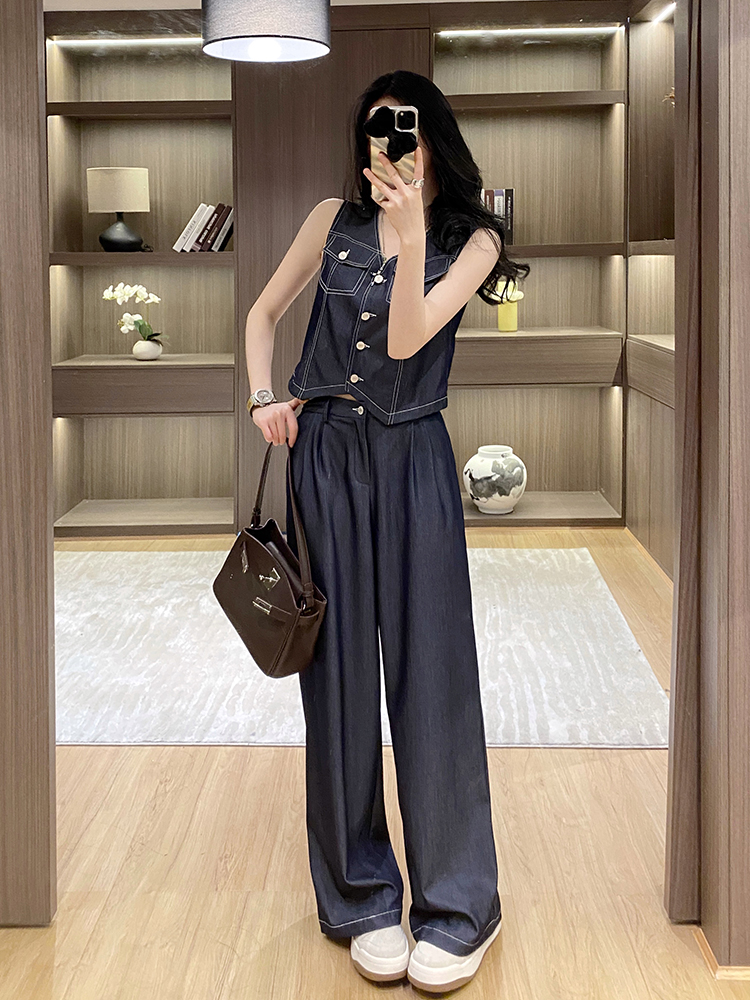 Women's Summer Denim Vest and Wide-Leg Pants Two-Piece Set