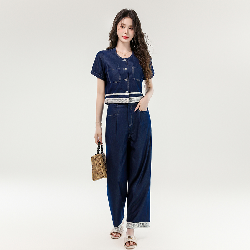 Women's Lace Spliced Tencel Denim Two-Piece Set Summer Short Sleeve