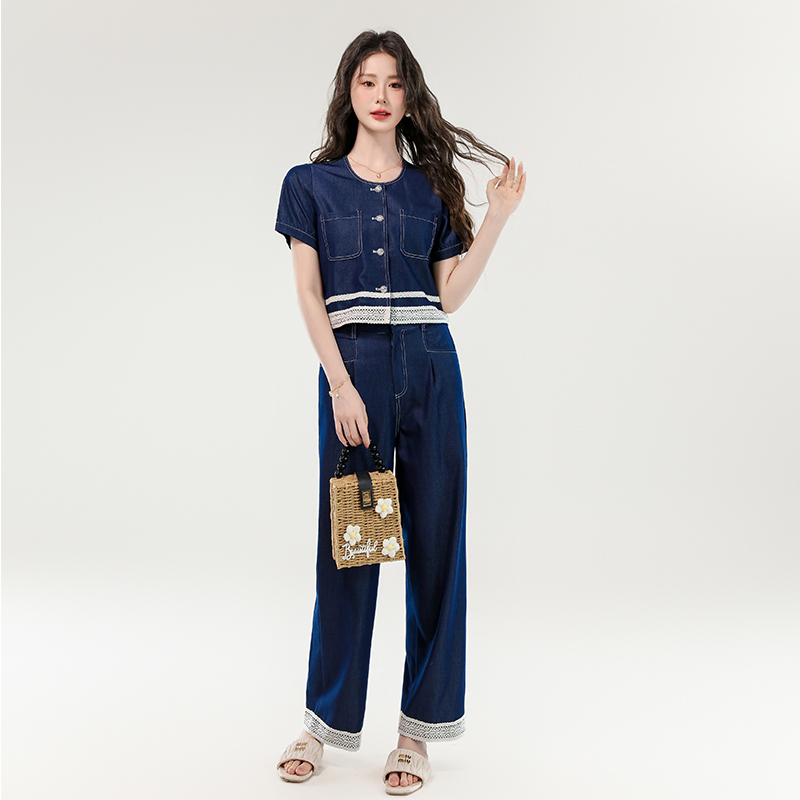 Women's Lace Spliced Tencel Denim Two-Piece Set Summer Short Sleeve - Image 2