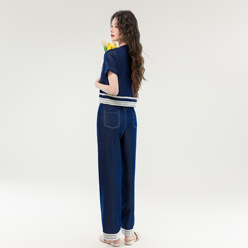 Women's Lace Spliced Tencel Denim Two-Piece Set Summer Short Sleeve - Image 4