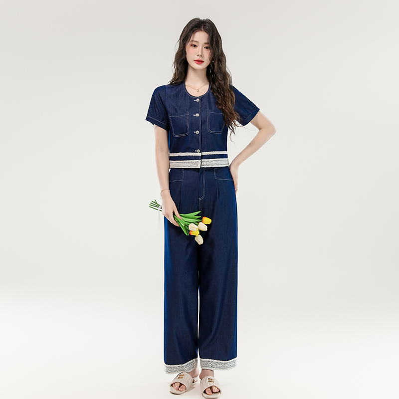 Women's Lace Spliced Tencel Denim Two-Piece Set Summer Short Sleeve - Image 3