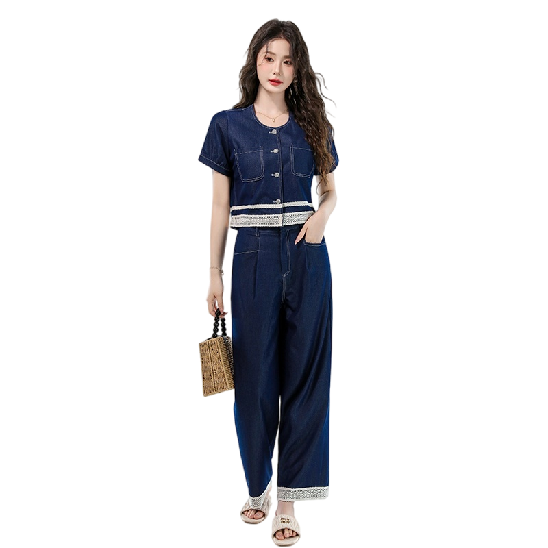 Women's Lace Spliced Tencel Denim Two-Piece Set Summer Short Sleeve - Image 5