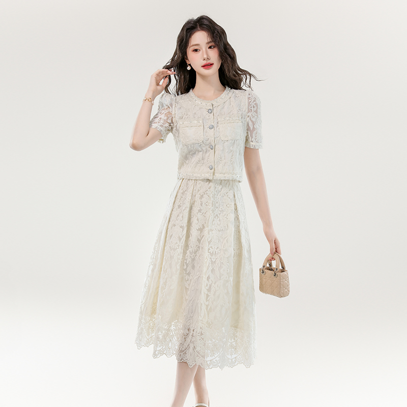 Embroidered Short Sleeve Shirt and High Waist Lace Two Piece Dress Set - Image 2