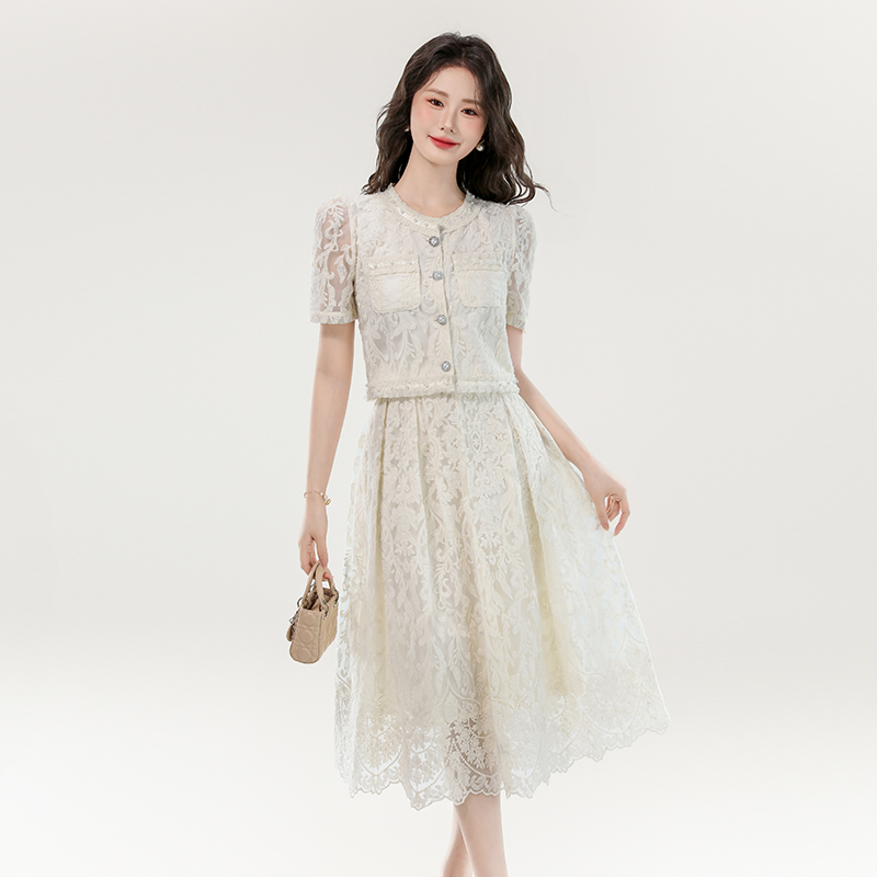 Embroidered Short Sleeve Shirt and High Waist Lace Two Piece Dress Set - Image 3