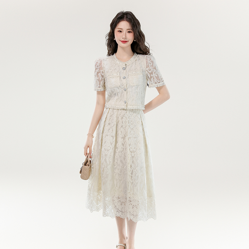 Embroidered Short Sleeve Shirt and High Waist Lace Two Piece Dress Set