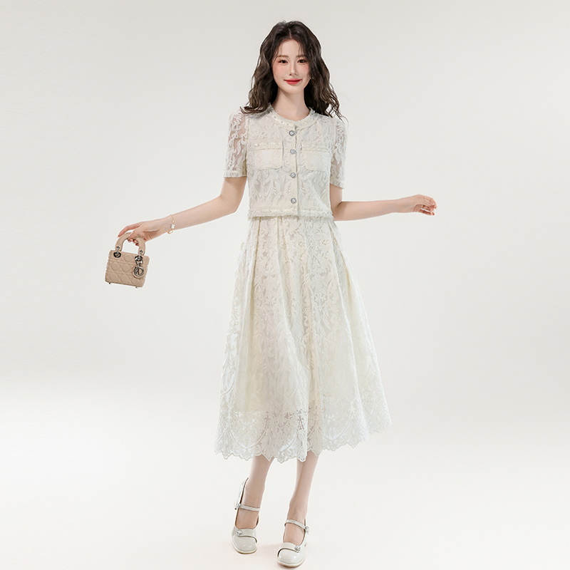 Embroidered Short Sleeve Shirt and High Waist Lace Two Piece Dress Set - Image 4