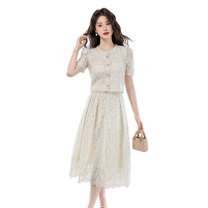 Embroidered Short Sleeve Shirt and High Waist Lace Two Piece Dress Set - Image 5
