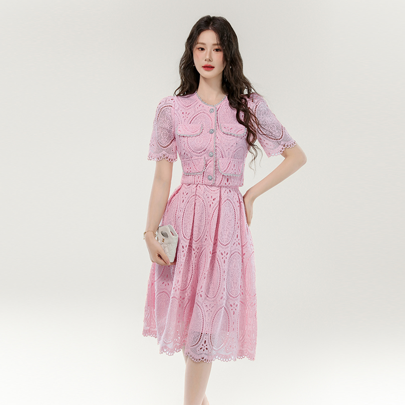 Women's Two-Piece Set with Water-Soluble Lace Skirt - Light Luxury Style