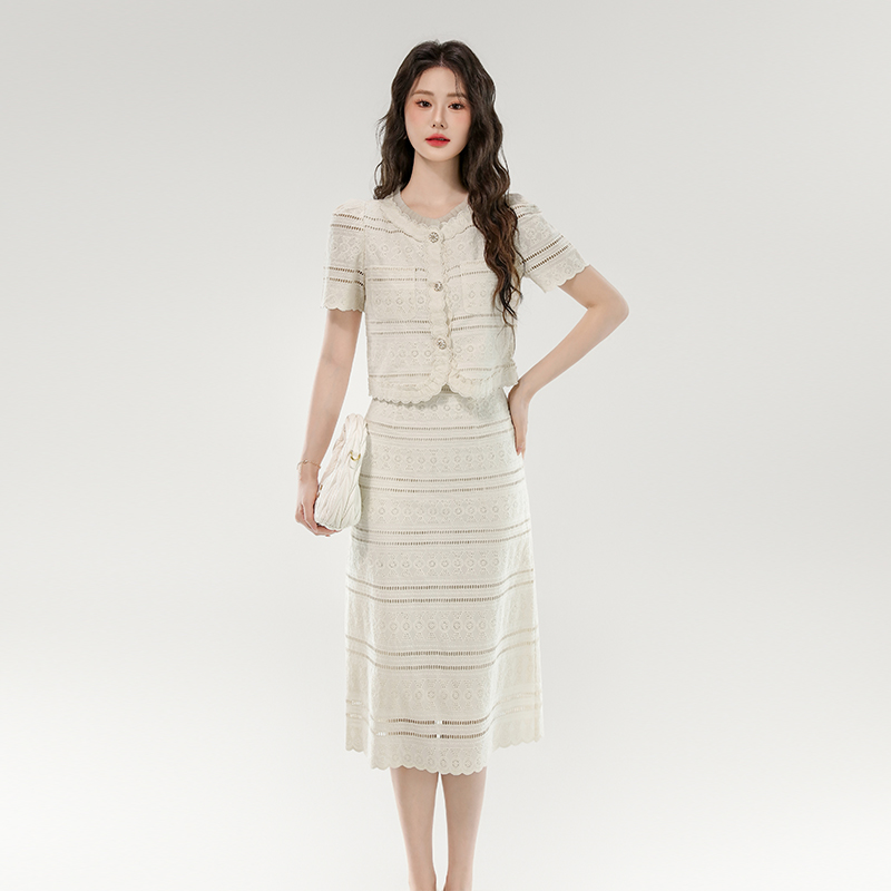 Elegant Two-Piece Skirt Set for Women Summer Short Sleeve Round Neck - Image 2