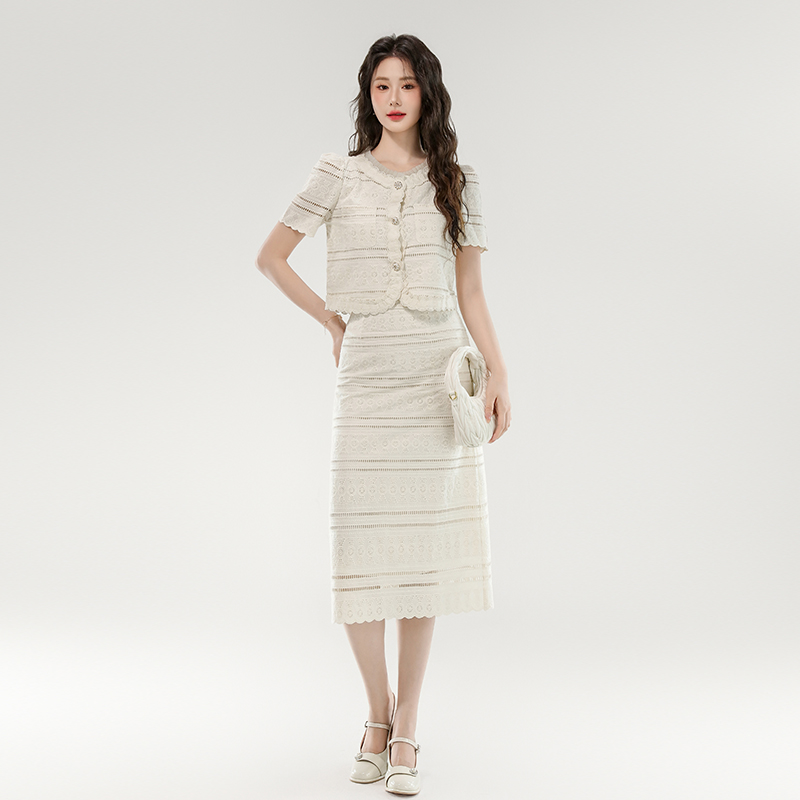 Elegant Two-Piece Skirt Set for Women Summer Short Sleeve Round Neck - Image 3
