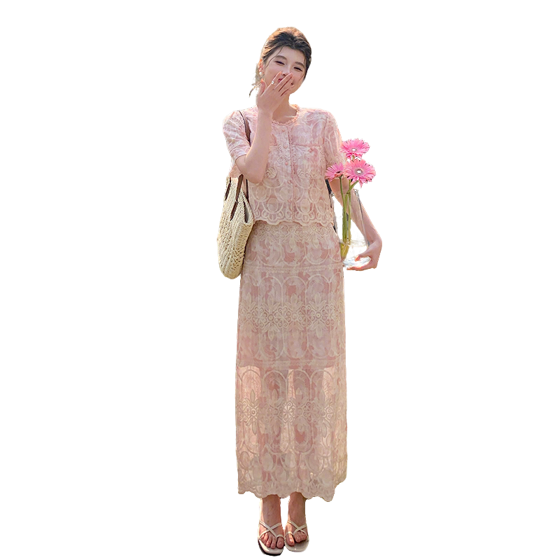 Petite Lace Embroidered Two-Piece Set with Cardigan Top and High-Waist Skirt - Style 4f79b6 - Image 5