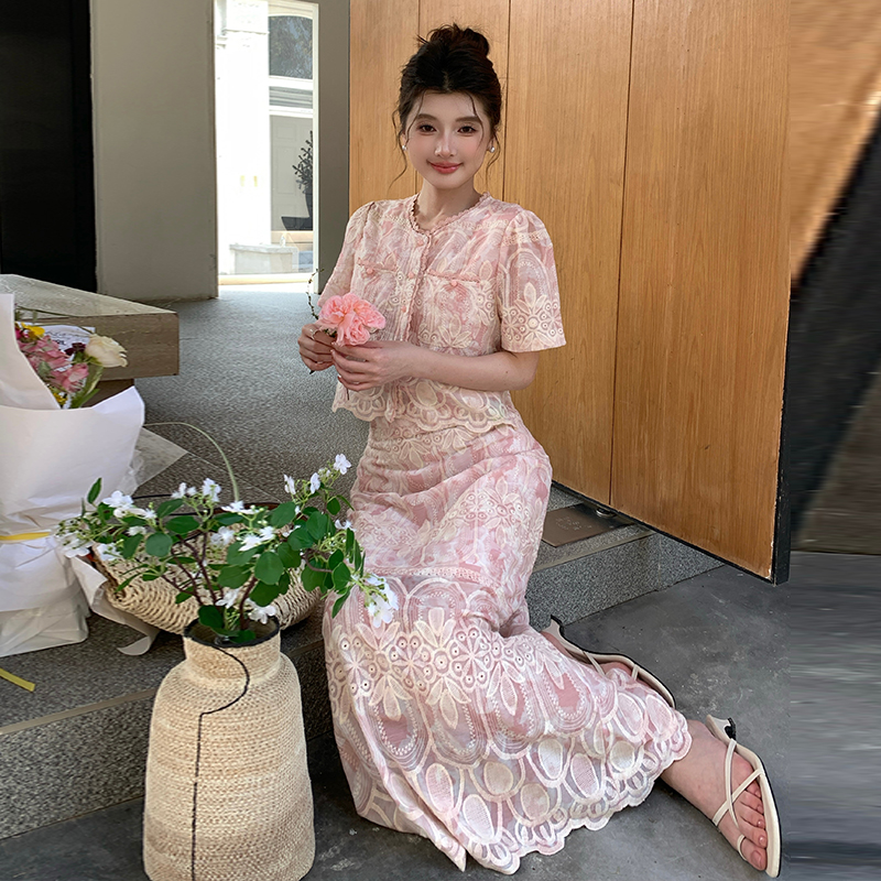 Petite Lace Embroidered Two-Piece Set with Cardigan Top and High-Waist Skirt - Style 4f79b6 - Image 2