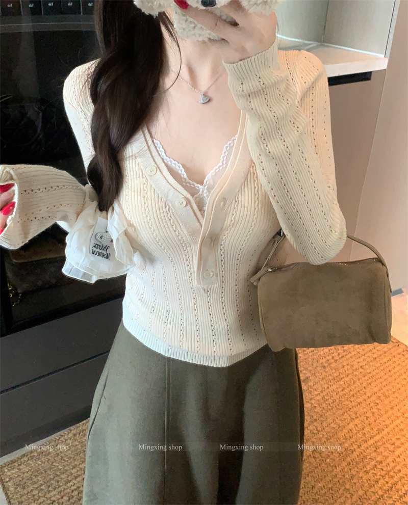 V-Neck Button Knit Top Slim Fit Stretch Women's Pullover