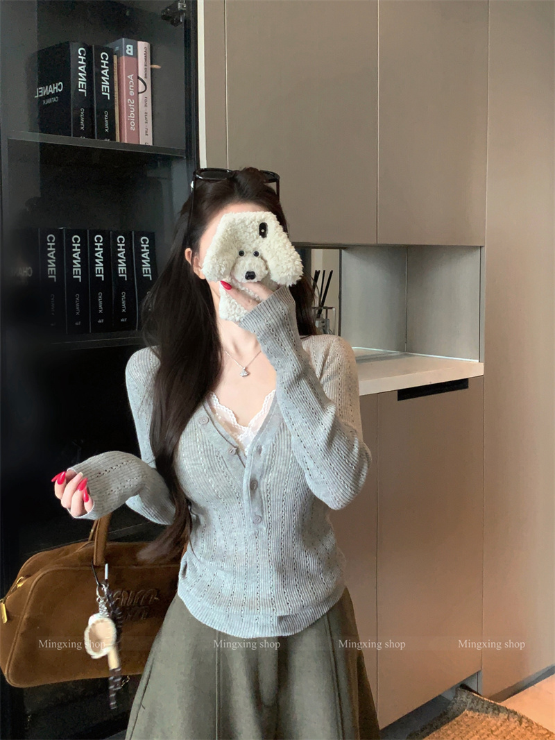 V-Neck Button Knit Top Slim Fit Stretch Women's Pullover - Image 2