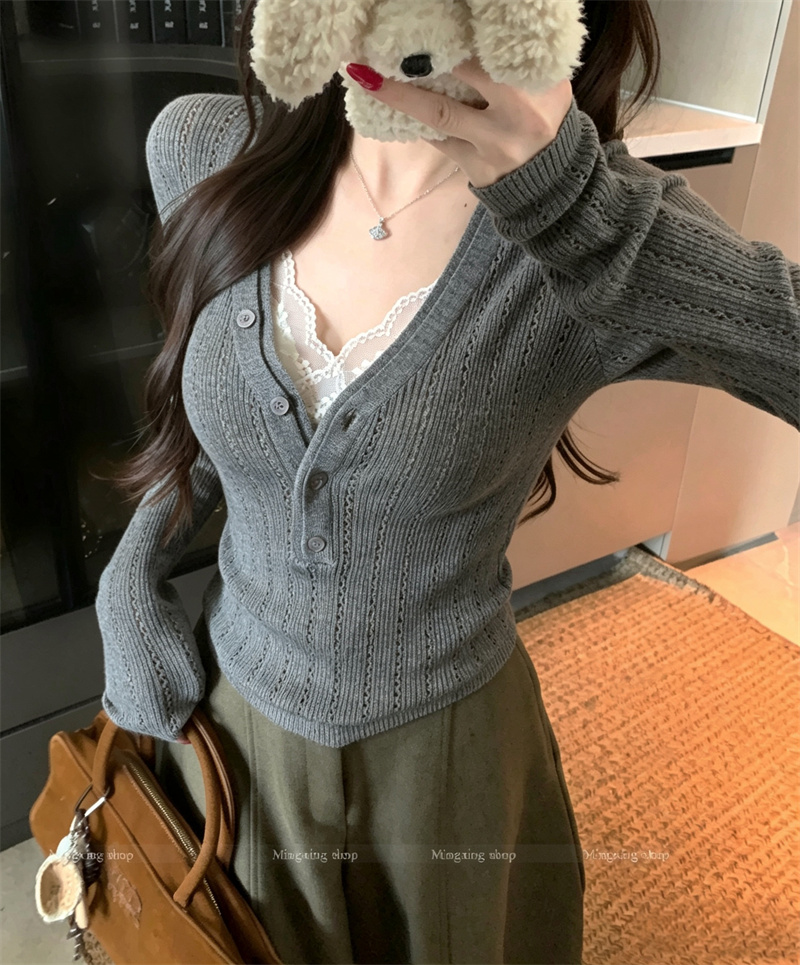 V-Neck Button Knit Top Slim Fit Stretch Women's Pullover - Image 4