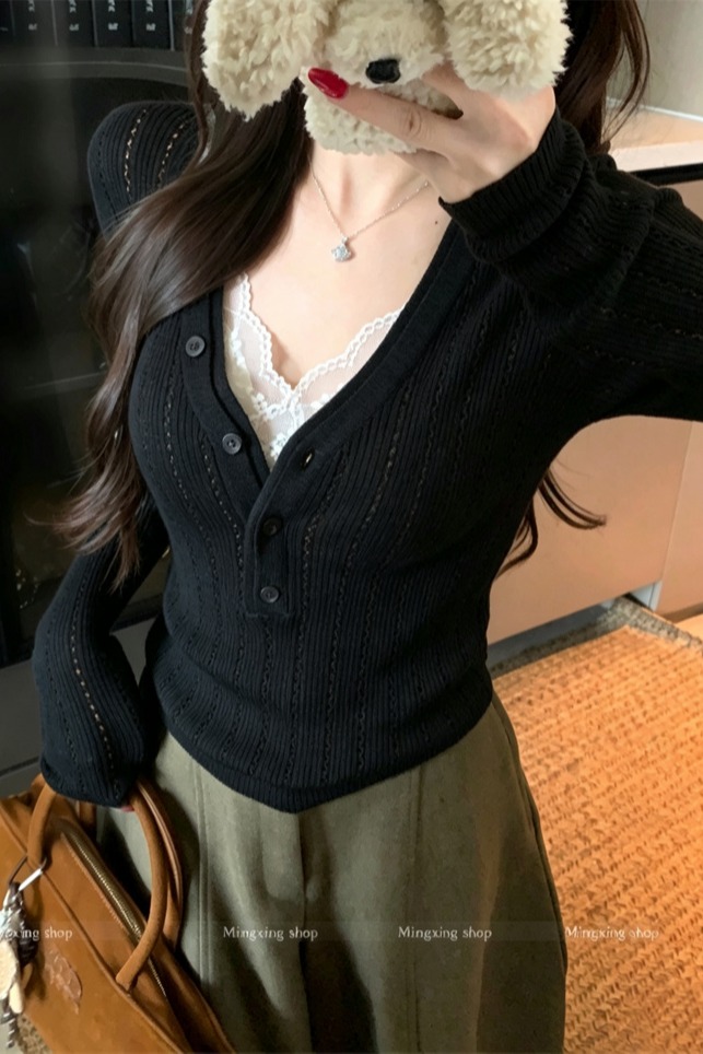 V-Neck Button Knit Top Slim Fit Stretch Women's Pullover - Image 5