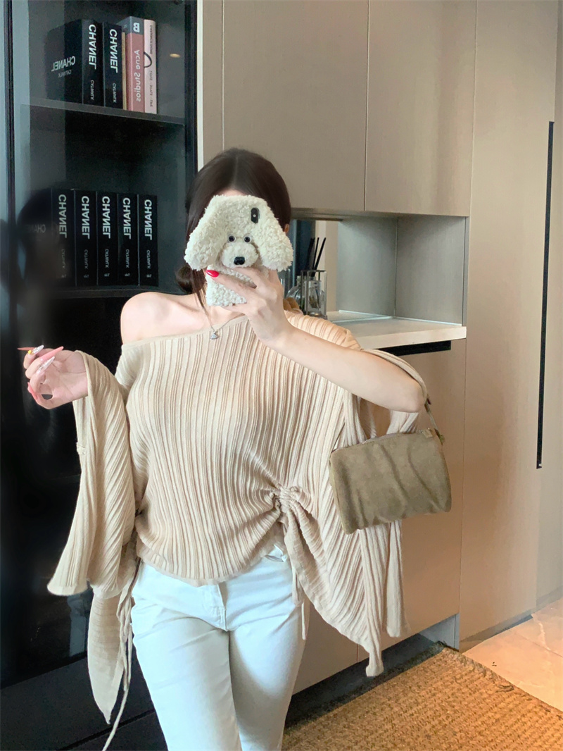 Women's Ribbed Batwing Sleeve Irregular Knit Sweater Striped Top