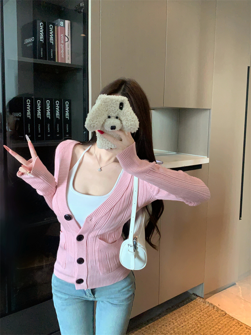 Women's Ribbed Knit V-Neck Button Cardigan with Pockets