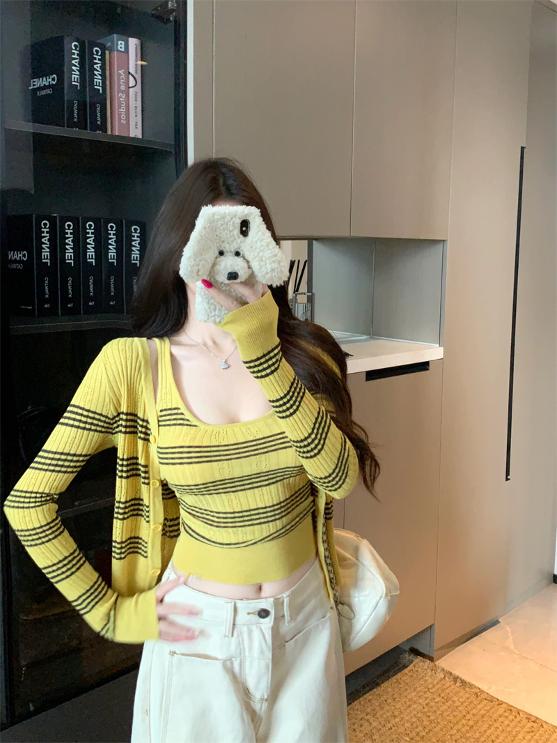 Korean Style Knit Striped Vest Cardigan Two-Piece Set for Women