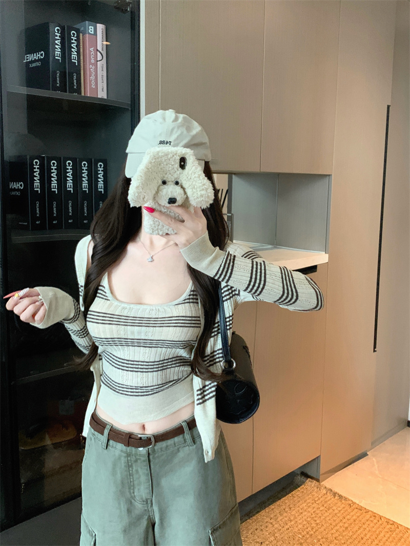Korean Style Knit Striped Vest Cardigan Two-Piece Set for Women - Image 2