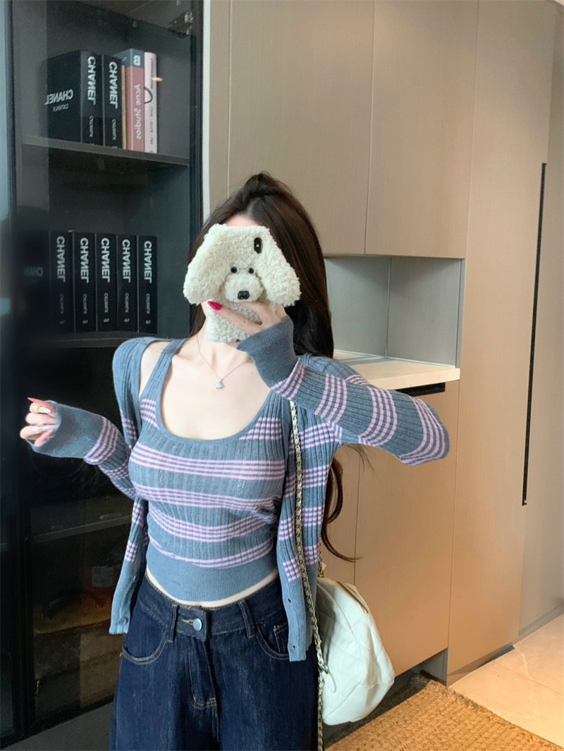 Korean Style Knit Striped Vest Cardigan Two-Piece Set for Women - Image 3