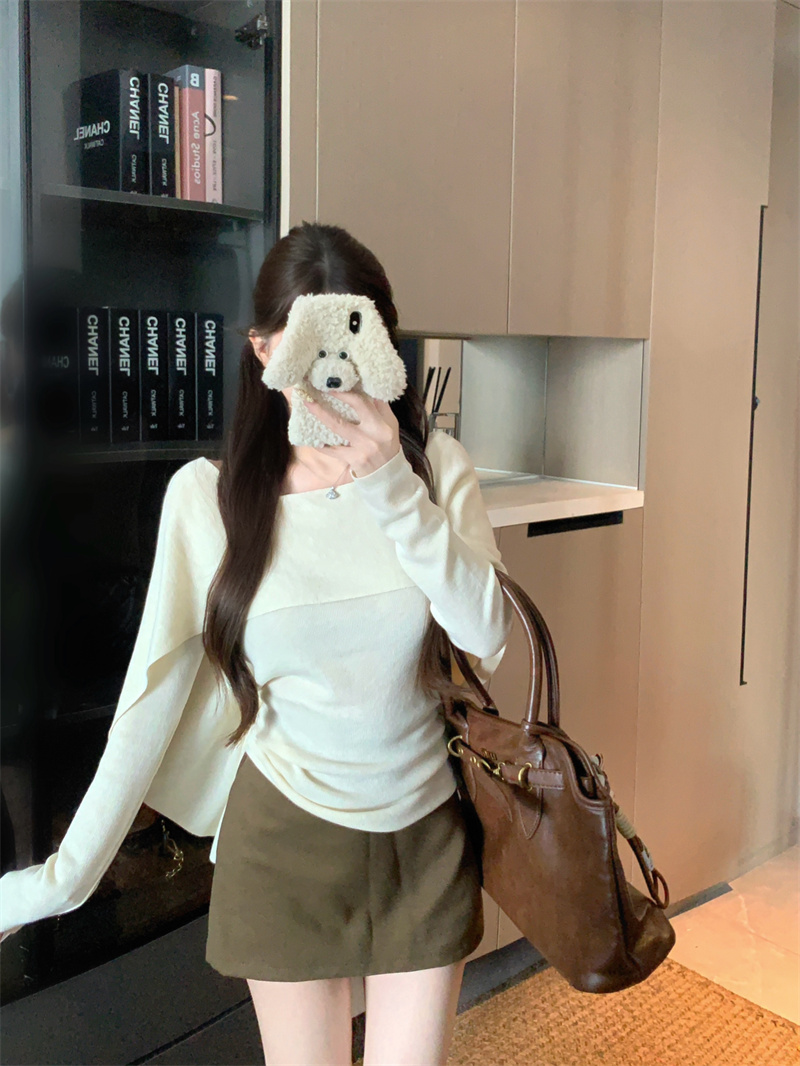 Women's Korean Style Knit Sweater with Diagonal Neck and Waist-Cinching Fit