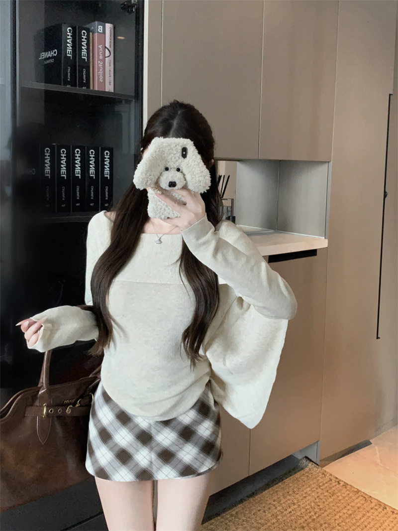 Women's Korean Style Knit Sweater with Diagonal Neck and Waist-Cinching Fit - Image 2