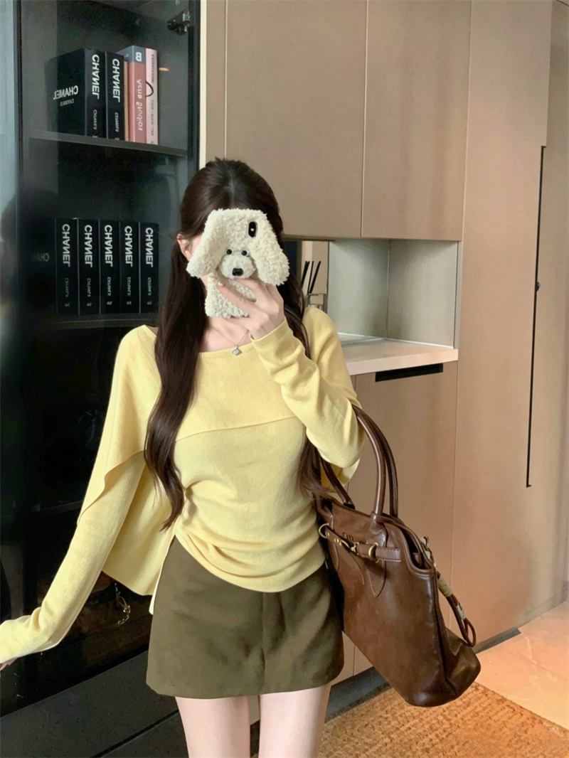 Women's Korean Style Knit Sweater with Diagonal Neck and Waist-Cinching Fit - Image 4