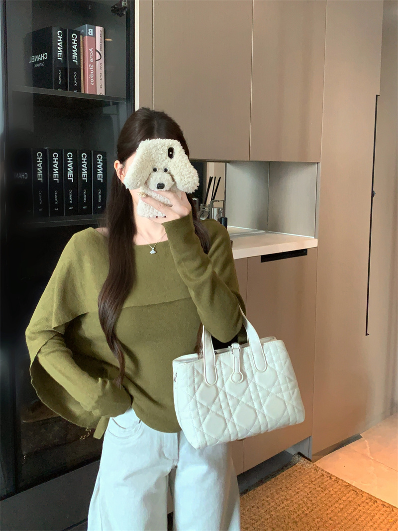 Women's Korean Style Knit Sweater with Diagonal Neck and Waist-Cinching Fit - Image 3