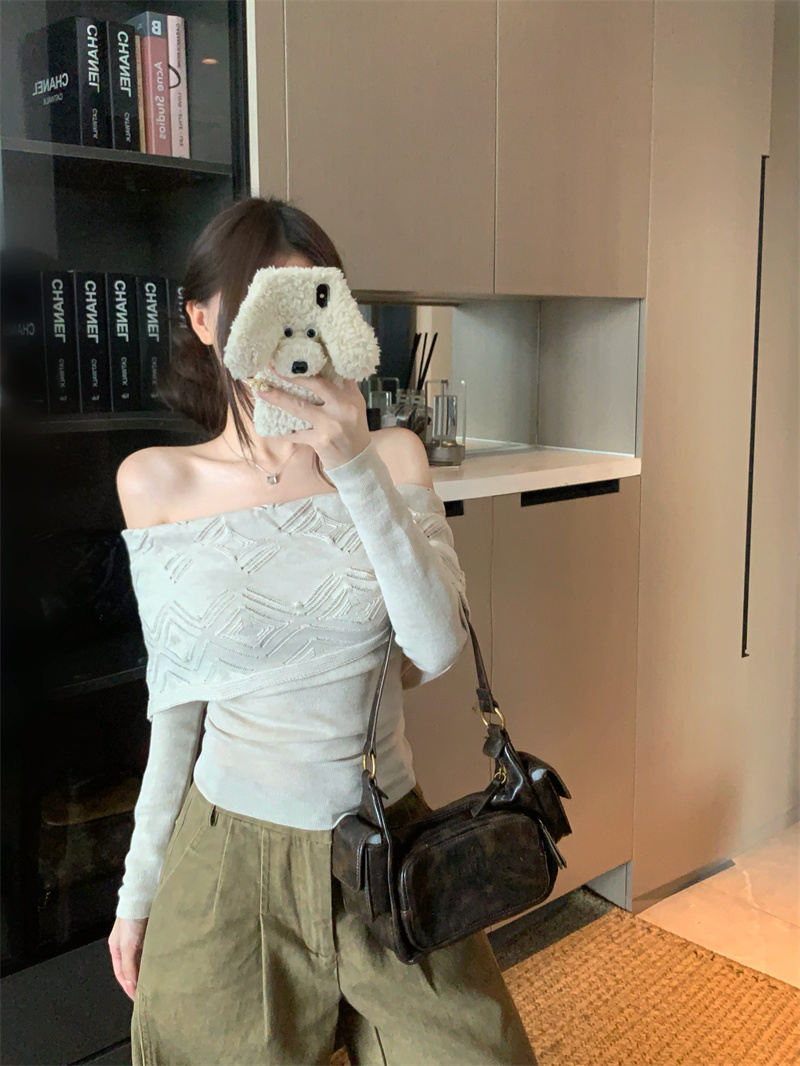 Korean Style Off-Shoulder Jacquard Knit Top Slimming Women's Autumn Sweater