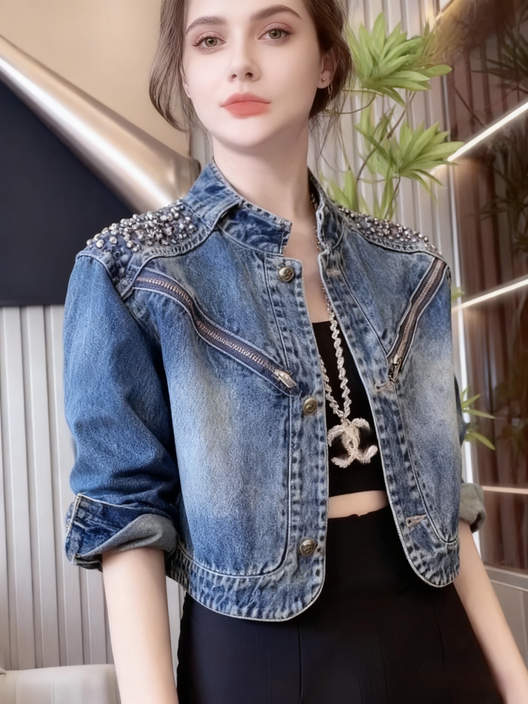 New Heavy Beaded High Quality Minimalist Fashion European Style Denim Top Jacket