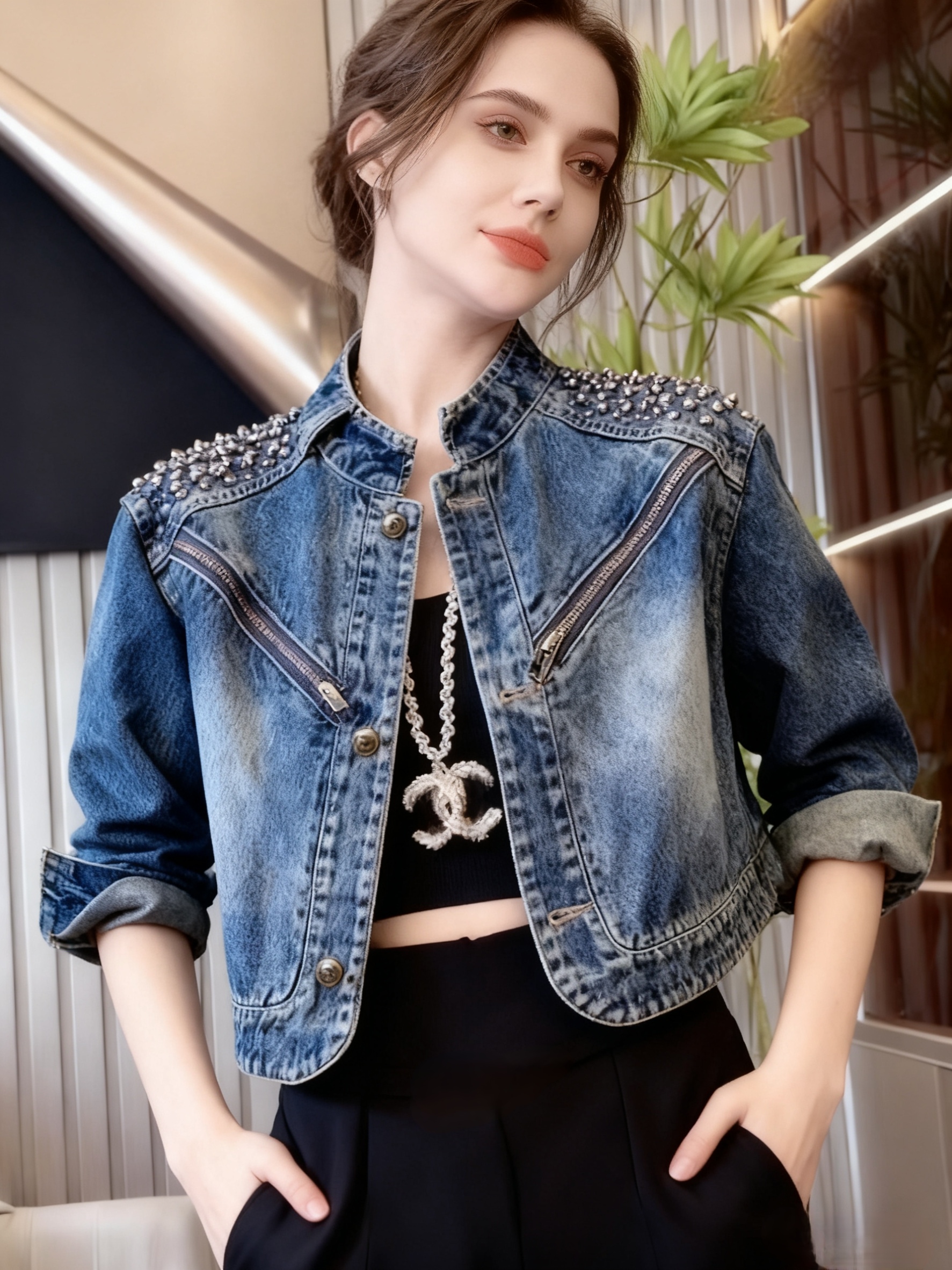 New Heavy Beaded High Quality Minimalist Fashion European Style Denim Top Jacket - Image 3