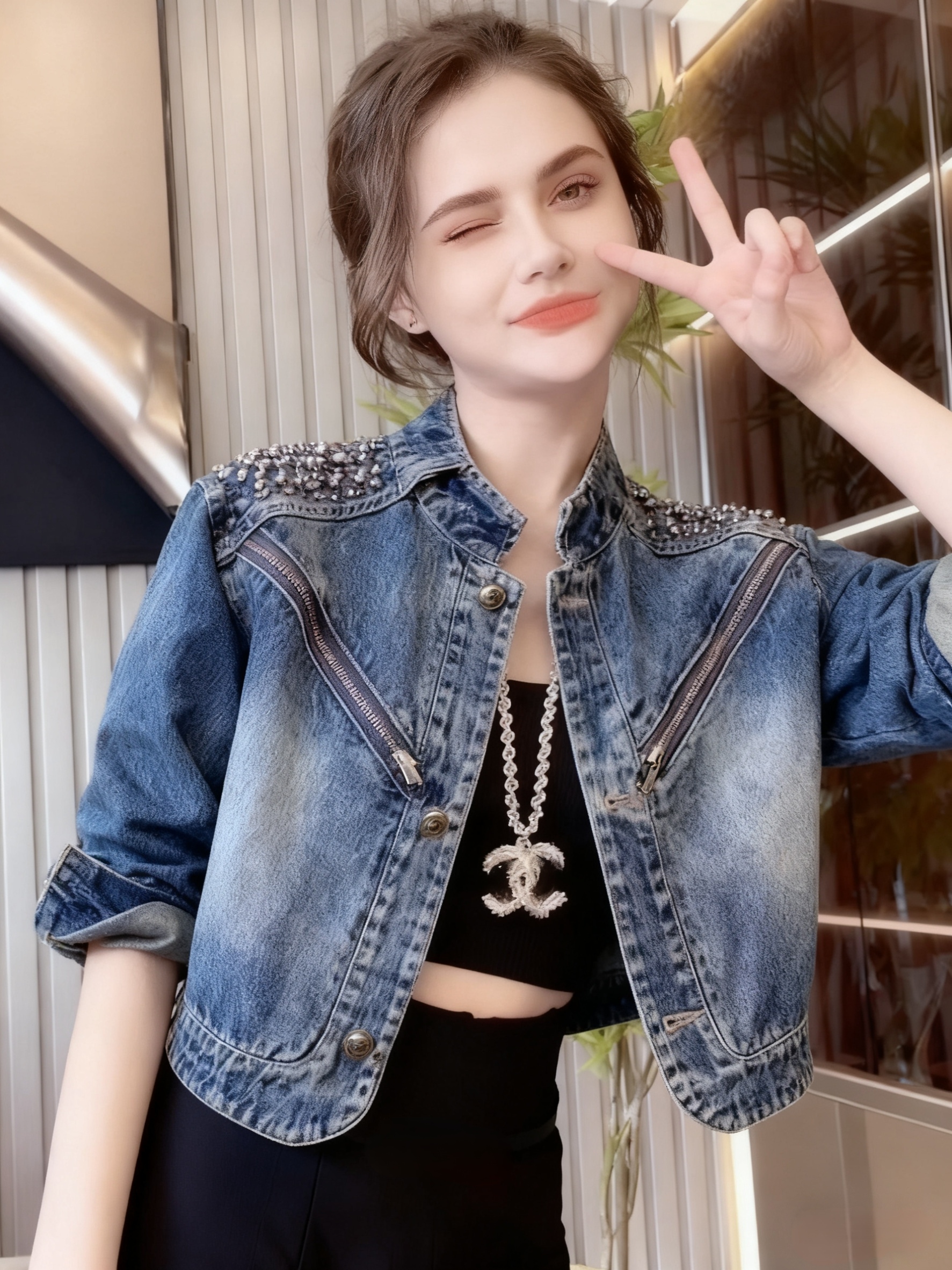New Heavy Beaded High Quality Minimalist Fashion European Style Denim Top Jacket - Image 4