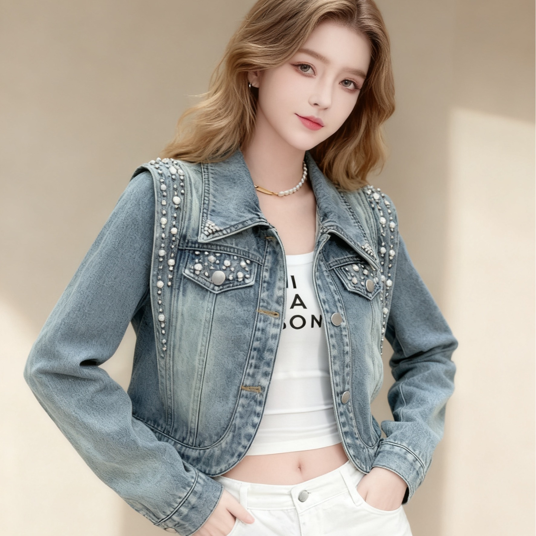 New Heavy Beaded High Quality Minimalist Fashion Denim Jacket for Women
