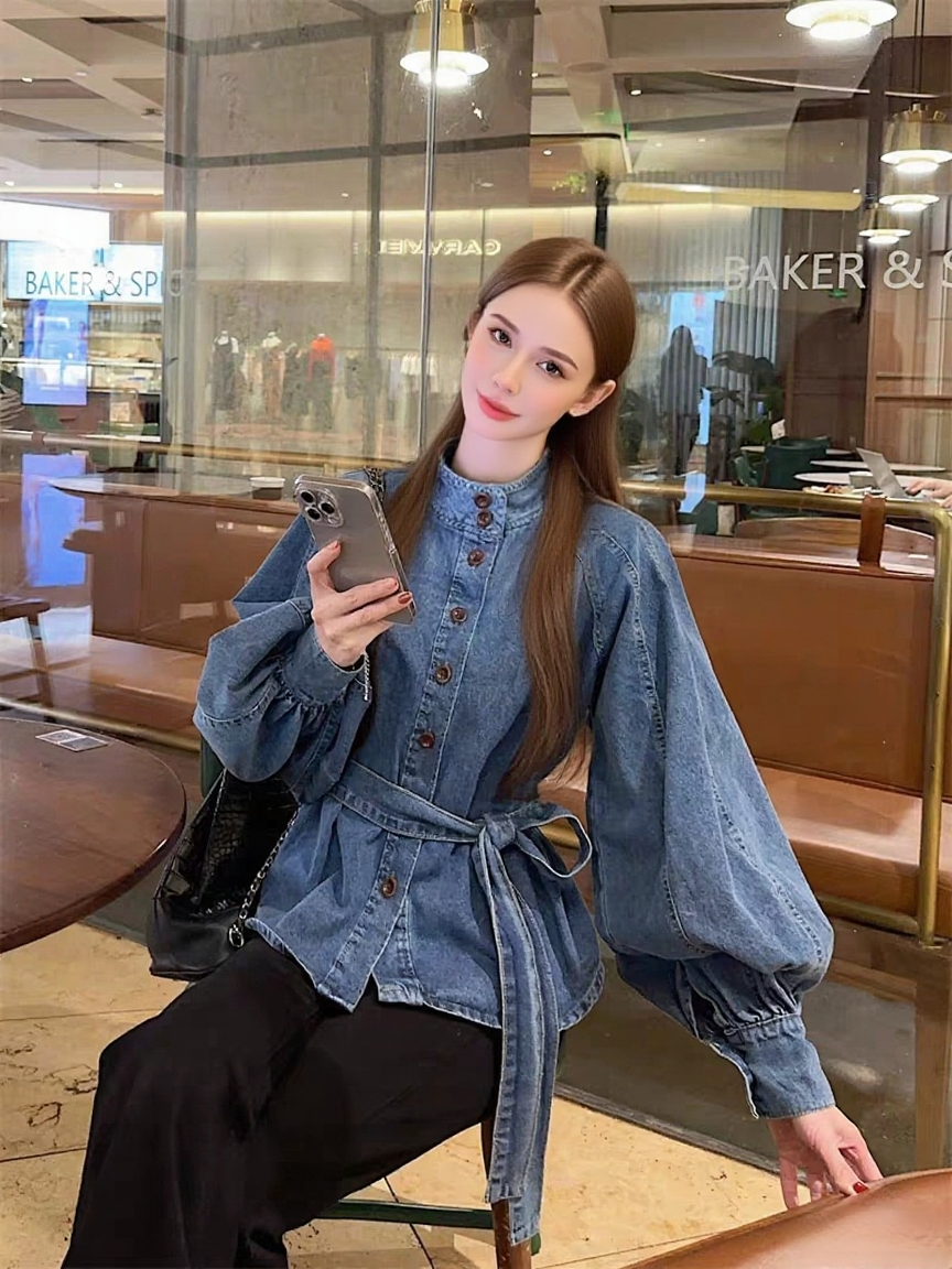 Women's Loose Denim Button-Up Shirt with Lantern Sleeves and Stand Collar