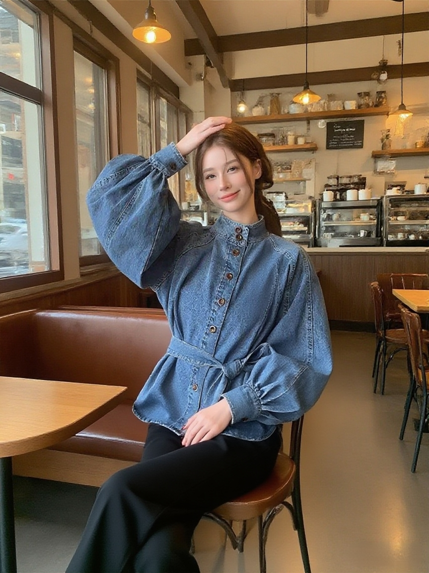 Women's Loose Denim Button-Up Shirt with Lantern Sleeves and Stand Collar - Image 2