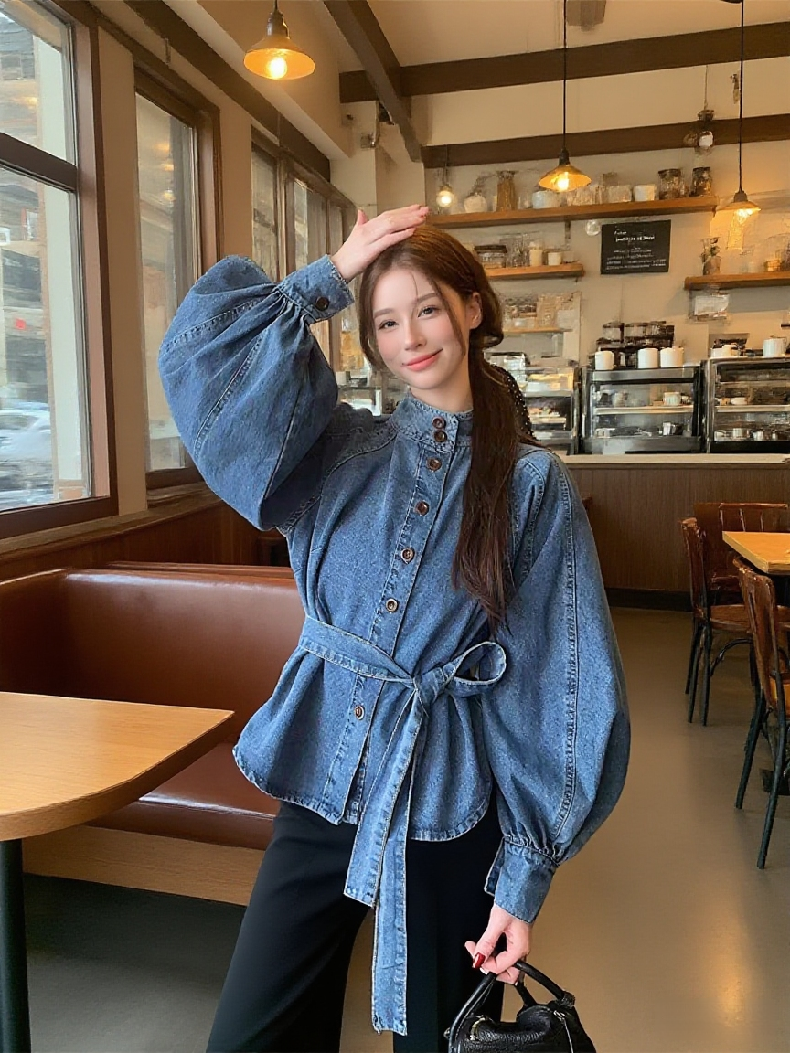 Women's Loose Denim Button-Up Shirt with Lantern Sleeves and Stand Collar - Image 3