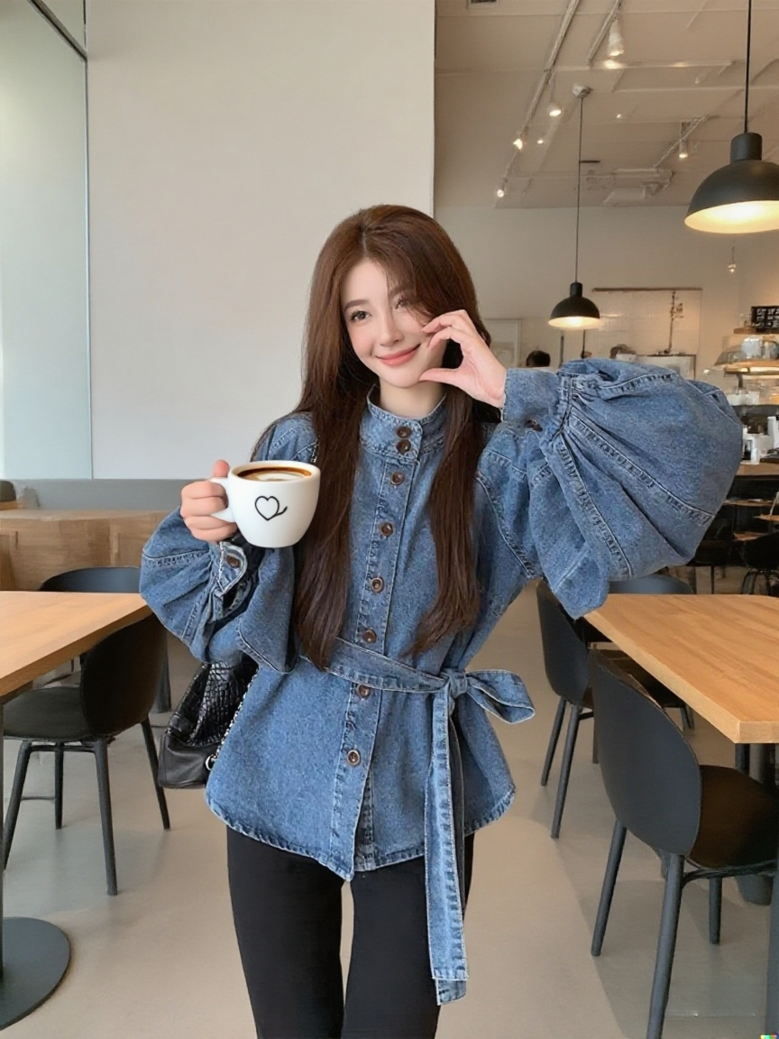 Women's Loose Denim Button-Up Shirt with Lantern Sleeves and Stand Collar - Image 4