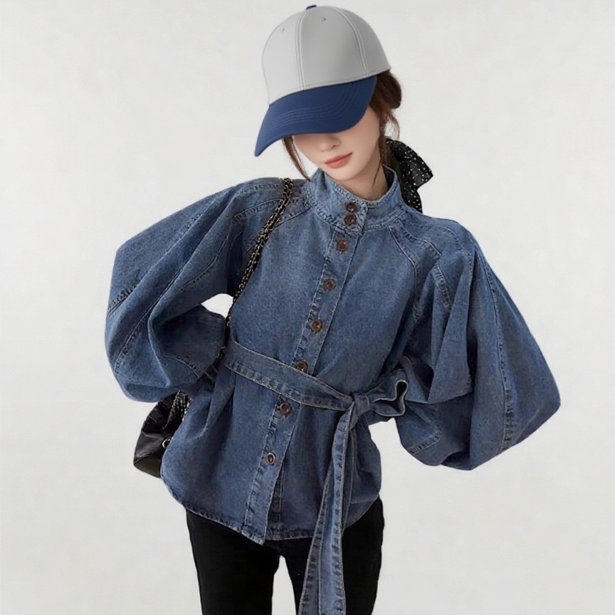 Women's Loose Denim Button-Up Shirt with Lantern Sleeves and Stand Collar - Image 5