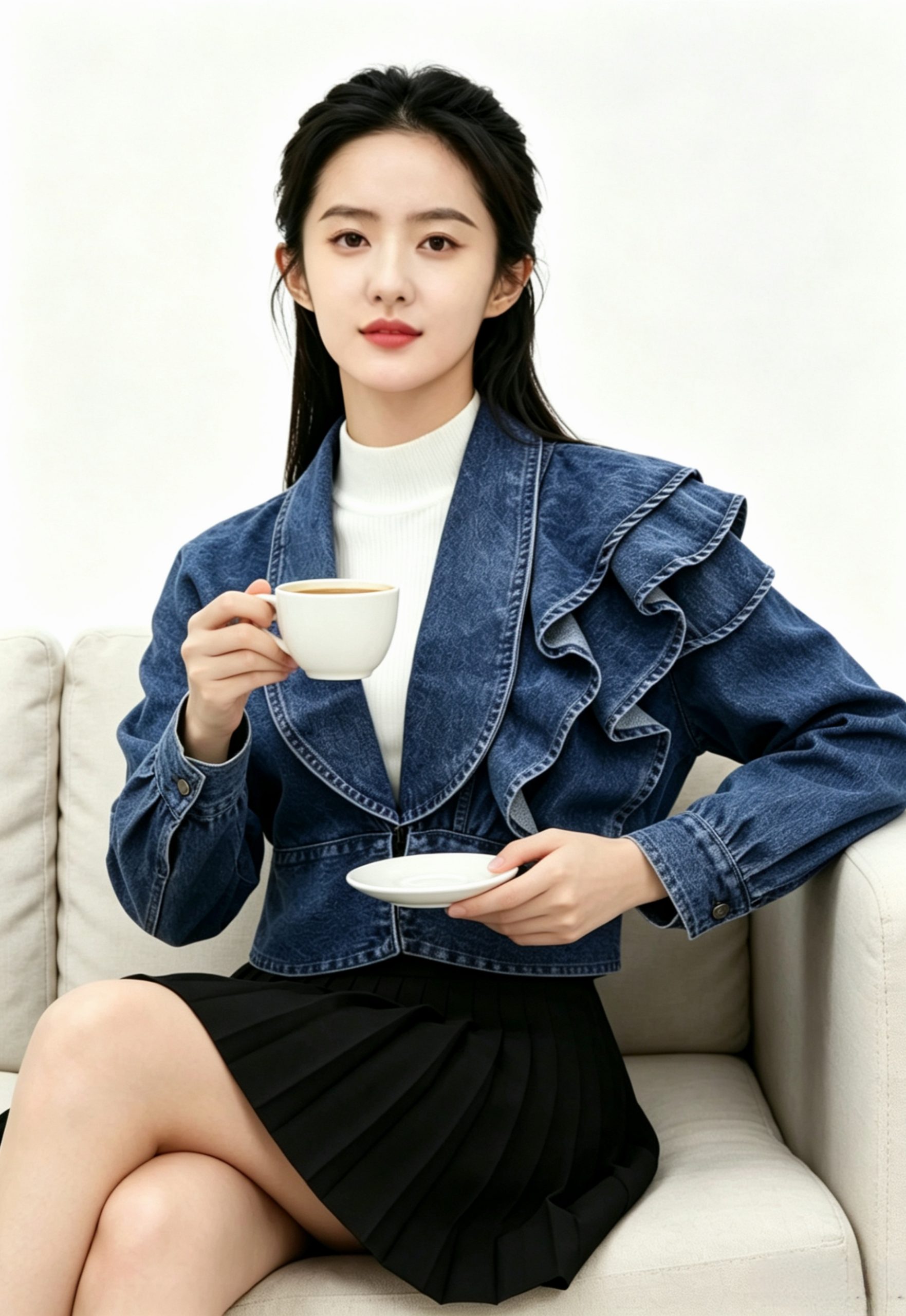 Korean Style Ruffled V-Neck Cropped Denim Jacket