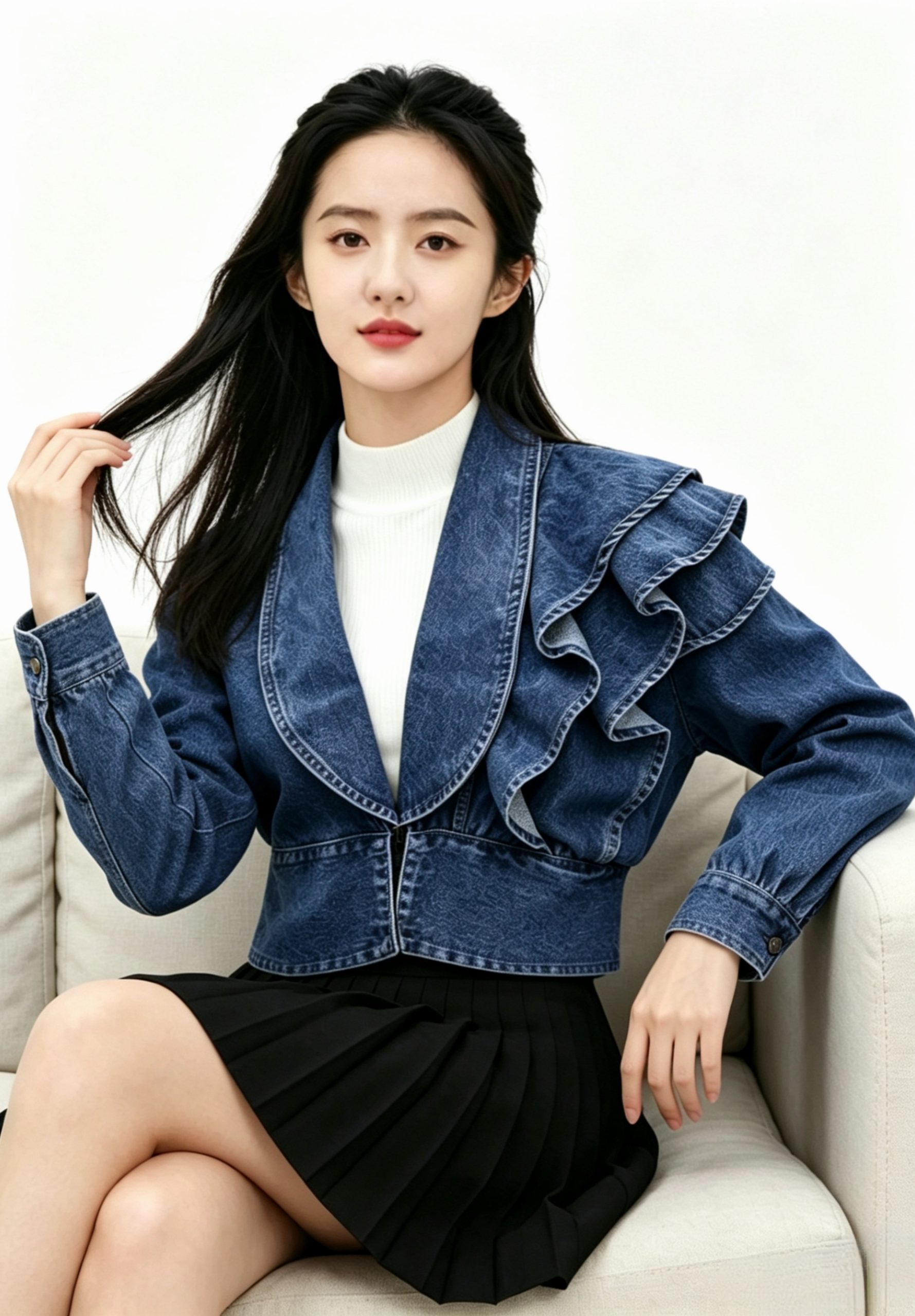 Korean Style Ruffled V-Neck Cropped Denim Jacket - Image 2